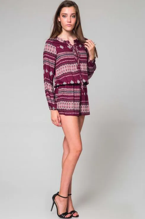 What's Happening Burgundy Boho Print Long Sleeve Romper