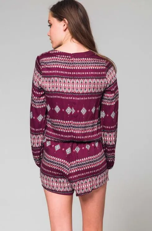 What's Happening Burgundy Boho Print Long Sleeve Romper