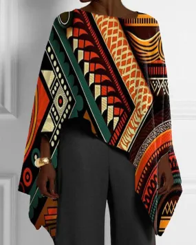 Women's Ethnic Style Patchwork Color Geometric Print Irregular Bat Sleeve Top