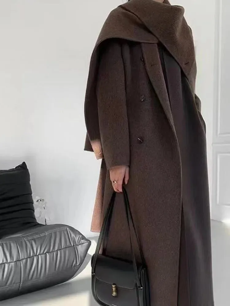 Women's Long Wool Coat with Shawl Scarf Collar Double-Breasted Solid Color Double-Sided Wool Belt Coat