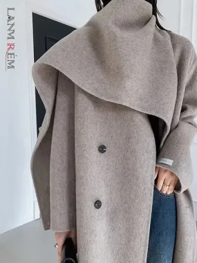Women's Long Wool Coat with Shawl Scarf Collar Double-Breasted Solid Color Double-Sided Wool Belt Coat