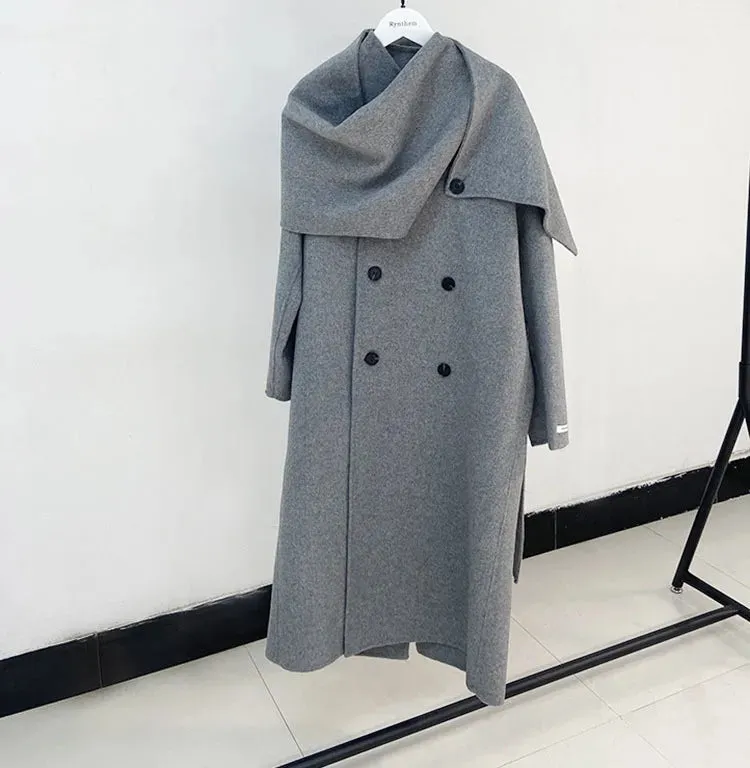 Women's Long Wool Coat with Shawl Scarf Collar Double-Breasted Solid Color Double-Sided Wool Belt Coat