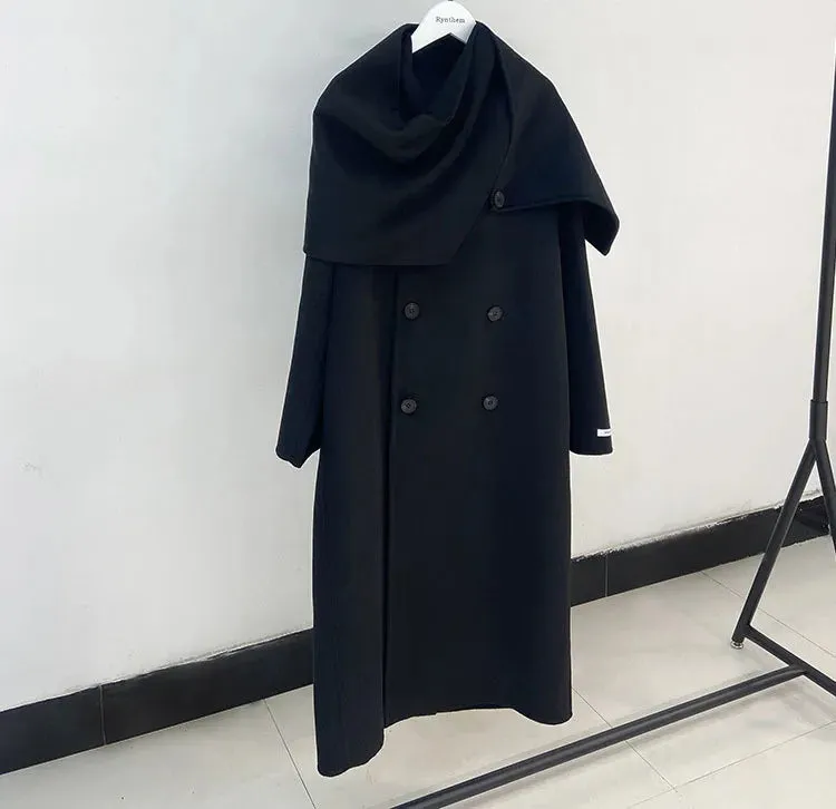 Women's Long Wool Coat with Shawl Scarf Collar Double-Breasted Solid Color Double-Sided Wool Belt Coat