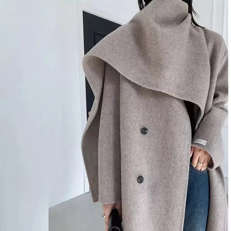 Women's Long Wool Coat with Shawl Scarf Collar Double-Breasted Solid Color Double-Sided Wool Belt Coat