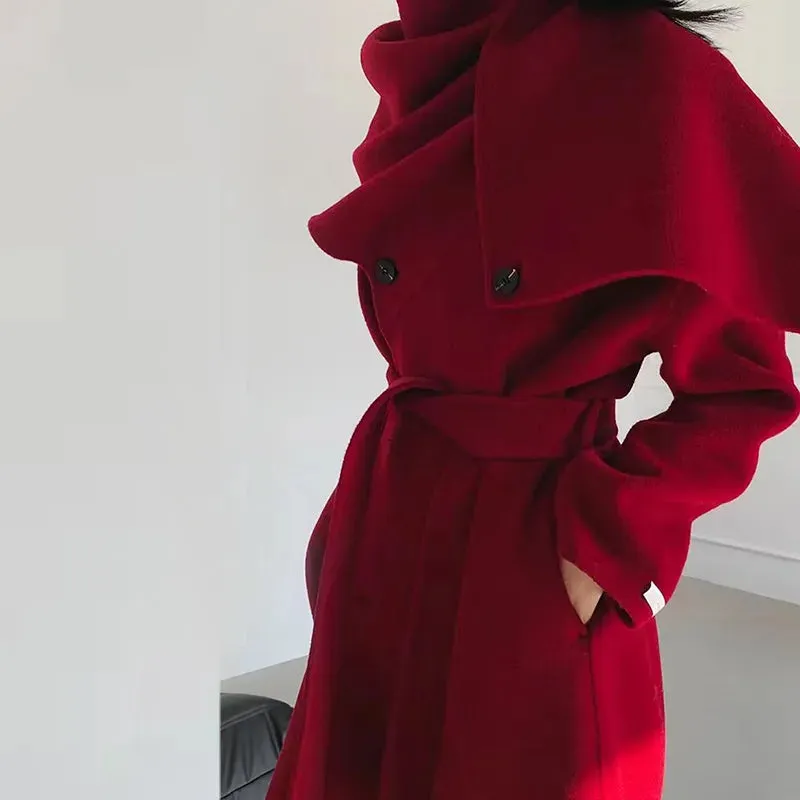 Women's Long Wool Coat with Shawl Scarf Collar Double-Breasted Solid Color Double-Sided Wool Belt Coat