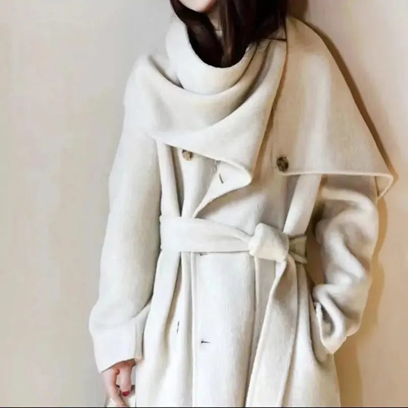 Women's Long Wool Coat with Shawl Scarf Collar Double-Breasted Solid Color Double-Sided Wool Belt Coat