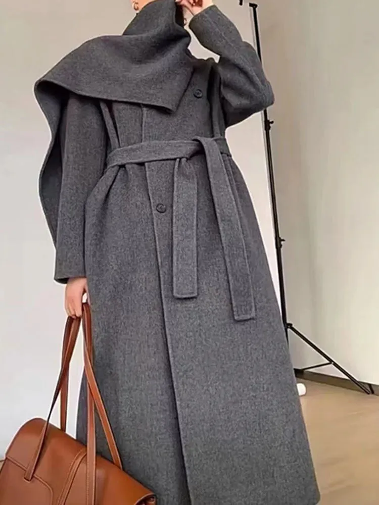 Women's Long Wool Coat with Shawl Scarf Collar Double-Breasted Solid Color Double-Sided Wool Belt Coat