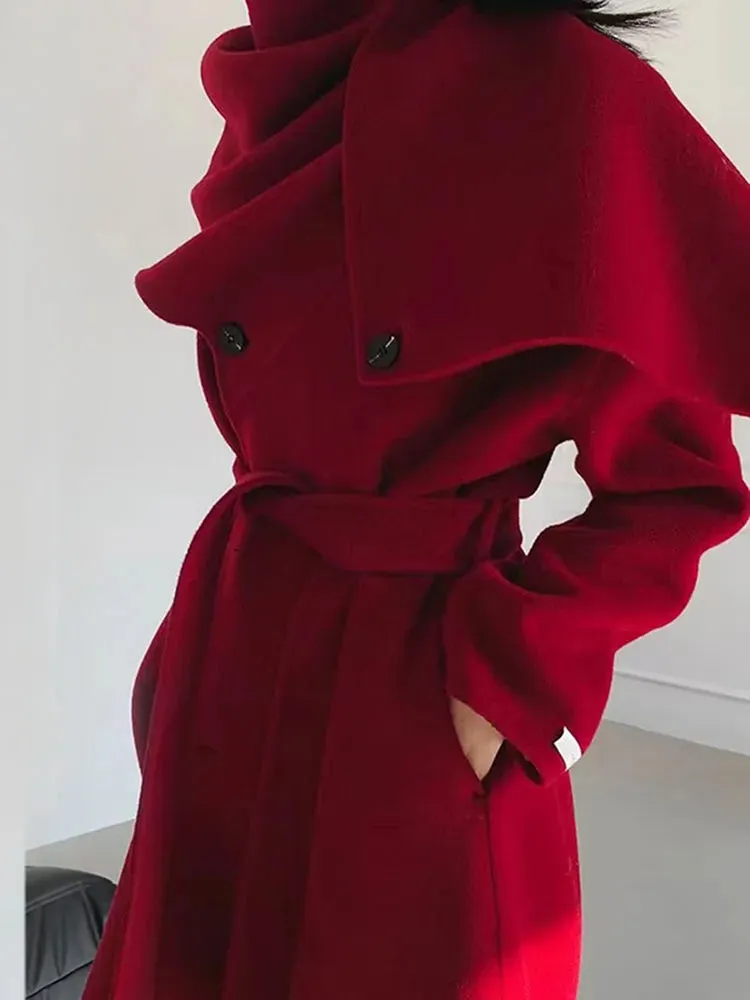 Women's Long Wool Coat with Shawl Scarf Collar Double-Breasted Solid Color Double-Sided Wool Belt Coat